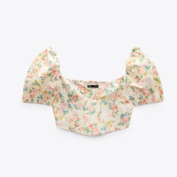 Zara Crop Top Women’s Size Large Floral Puffy Sleeve‎ Smocked Back Corset Point - Picture 5 of 14